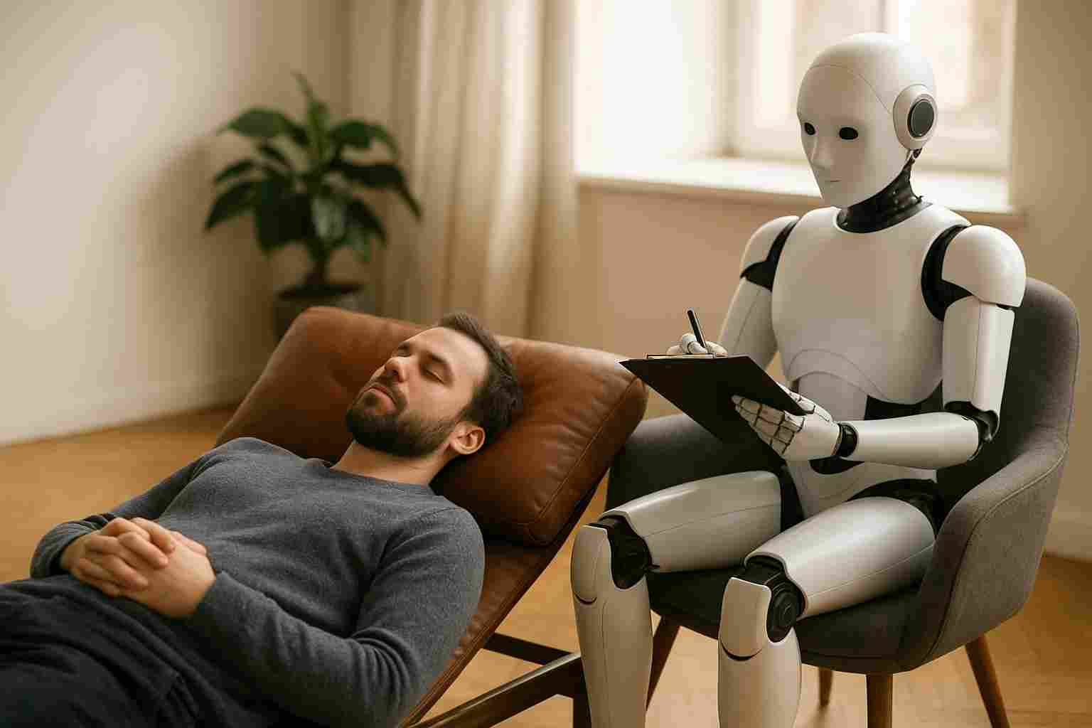 terapia com IA. Homem deitado no divã sendo ouvido por um robô